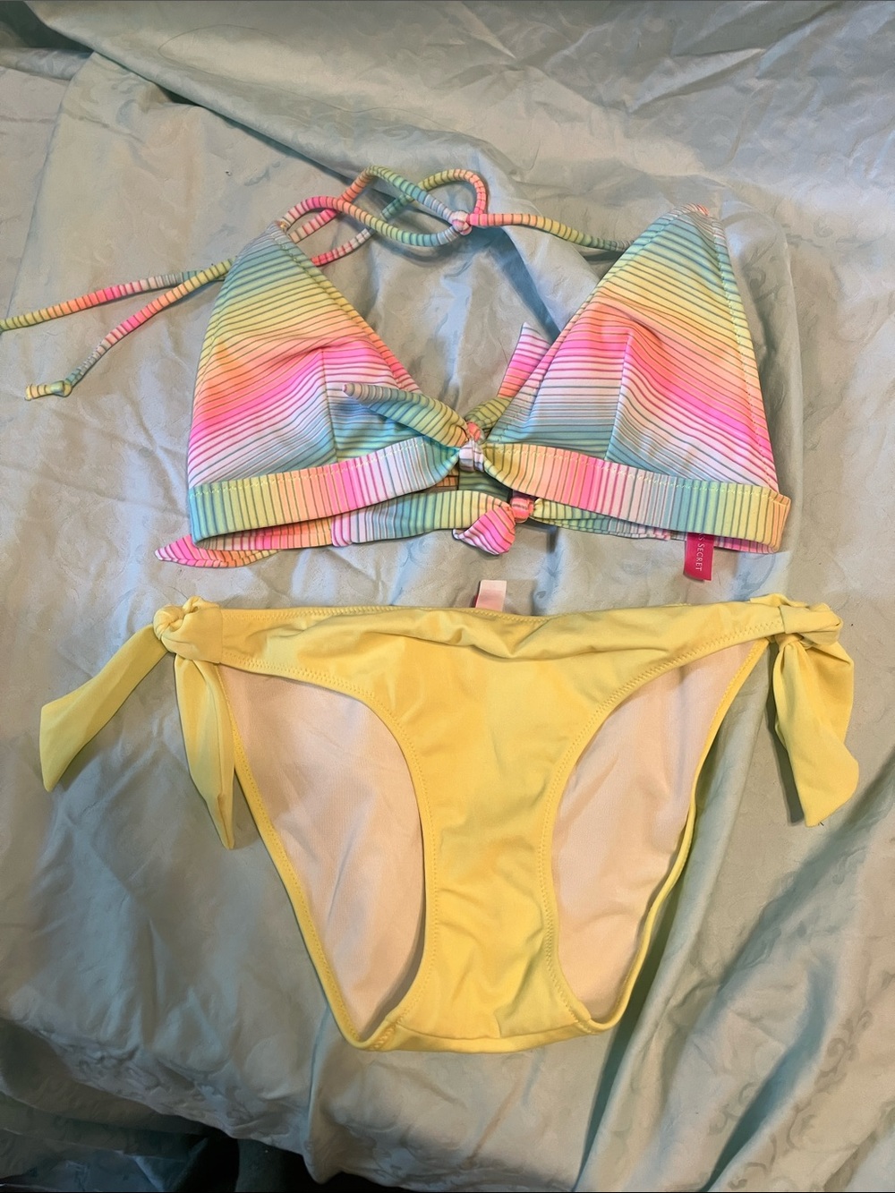 Victoria's Secret Pastel Rainbow Ribbed Triangle Bikini Top with Yellow Trim